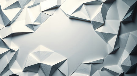 Abstract geometric background with white paper-like triangular shapes creating a textured surface. Design is modern and minimalistic, suitable for various applicationsの素材