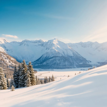 Snow-covered mountains under a clear blue sky. Pine trees dot the landscape, creating a serene winter scene. Sun shines brightly over the snowy terrainの素材