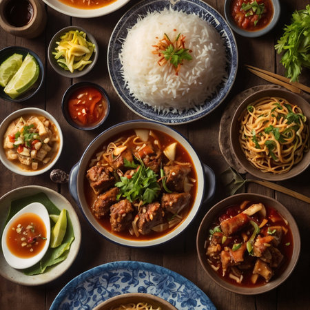 A variety of Asian dishes arranged on a wooden table. Includes noodles, rice, dumplings, and sauces. Fresh herbs and lime slices are presentの素材