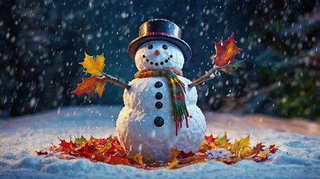 A cheerful snowman stands in a snowy landscape. It wears a black hat and a colorful scarf, surrounded by fallen autumn leaves. Snowflakes gently fall around itの素材