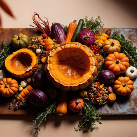 A wooden board displays a vibrant arrangement of pumpkins, gourds, and autumn vegetables. Scene captures essence of fall harvest and seasonal decorの素材