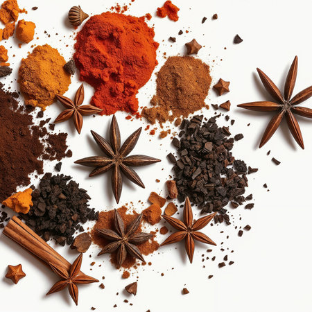 A variety of spices arranged on a white background. Includes cinnamon sticks, star anise, and different colored powders like turmeric and paprikaの素材