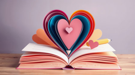 An open book with colorful pop-up hearts in various sizes. Background is a soft purple, creating a warm and inviting atmosphereの素材