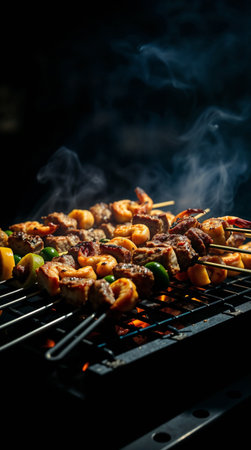 Grilled skewers with meat and vegetables on a barbecue grill. Smoke rises from the cooking food, creating a flavorful atmosphereの素材