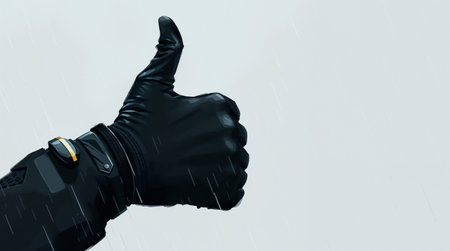 A close-up of a gloved hand giving a thumbs up gesture. Glove is black and background is plain and light-colored, suggesting a positive affirmationの素材