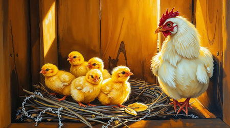 A hen stands beside five fluffy yellow chicks in a wooden nest. Scene is warm and inviting, showcasing bond between mother and her youngの素材