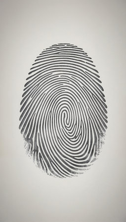 A close-up of a black fingerprint on a light background. Fingerprint shows intricate patterns and ridges, emphasizing identity and security conceptsの素材