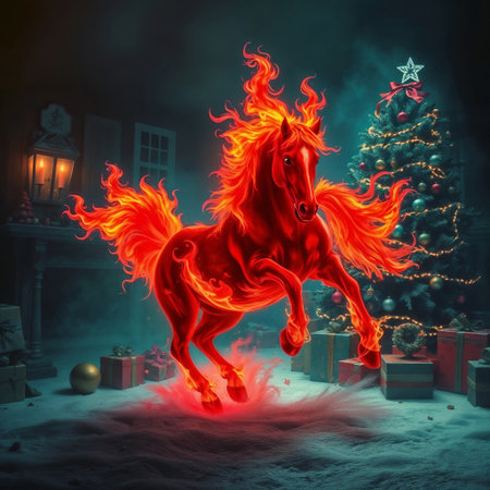 A fiery red horse with flames for a mane leaps in a snowy room decorated for Christmas. A Christmas tree and presents are visible in backgroundの素材