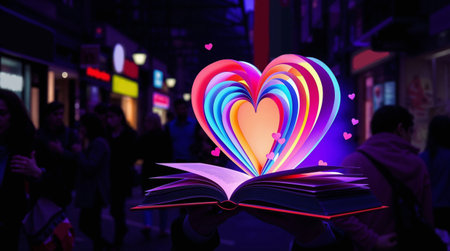 A vibrant heart shape emerges from an open book, illuminated by colorful lights in a bustling urban setting at nightの素材