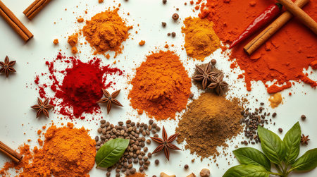 Colorful appetizing and fragrant spices arranged on a white surface. Includes turmeric, paprika, and chili peppers, along with fresh basil leaves and cinnamon sticksの素材