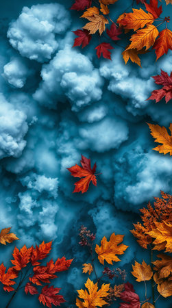 Colorful autumn leaves scattered on a blue background with fluffy white clouds. Scene captures the essence of fall with vibrant huesの素材