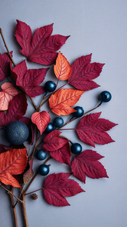 Colorful autumn leaves and berries arranged on a gray background. Leaves are in shades of red, orange, and yellow, with dark blue berriesの素材
