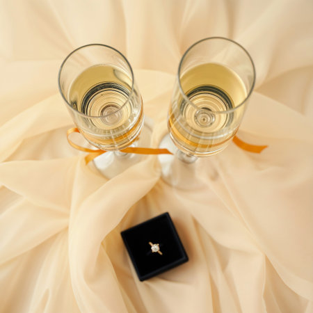 Two elegant champagne glasses with a ribbon on a soft beige fabric. A small black jewelry box is placed nearby, suggesting a celebration or special occasionの素材