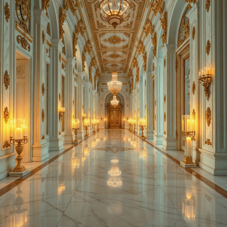 A grand beautiful hallway with ornate architecture, featuring high ceilings, intricate moldings, and elegant chandeliers. Floor is polished marble, reflecting lightの素材