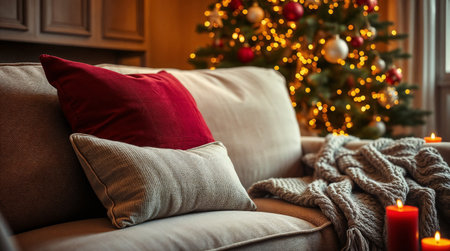 Cozy living room with a beige sofa, red and gray pillows, a knitted blanket, and a decorated Christmas tree in background with warm lightsの素材