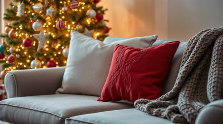 Cozy living room with a gray sofa, red and gray pillows, a knitted blanket, and a decorated Christmas tree in background with warm lightsの素材