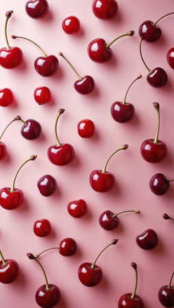 A flat lay of ripe red cherries on a pink background. Cherries vary in size and shine, showcasing their vibrant color and smooth textureの素材