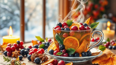 A glass cup filled with mixed ripe fruits including cranberries, blueberries, and orange slices. Background features candles and festive decorationsの素材