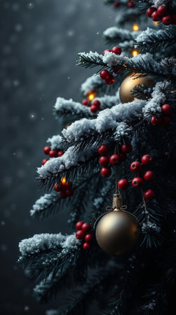 A close-up of a snow-covered Christmas tree adorned with golden ornaments and red berries. Soft lights twinkle in background, creating a festive atmosphereの素材