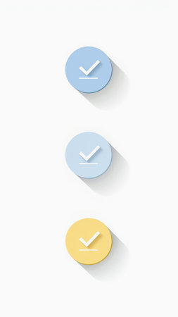 Three circular check marks in blue and yellow colors on a white background. Design is minimalistic and modern, suitable for task completion or approval conceptsの素材