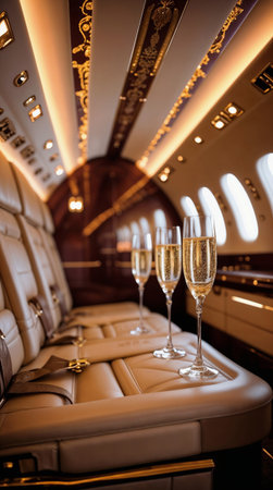 Luxurious interior of a private jet with leather seats and three glasses of champagne. Soft lighting enhances elegant atmosphereの素材