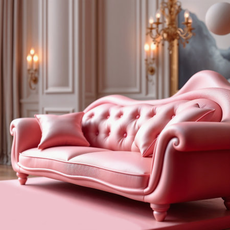 A luxurious pink sofa with tufted upholstery sits elegantly in a well-decorated room. Soft lighting enhances opulent atmosphereの素材