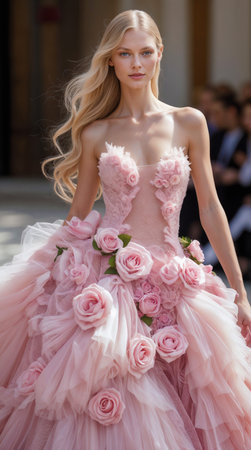Young woman with long blonde hair wears a pink floral gown adorned with roses. Dress features layers of tulle and a fitted bodiceの素材