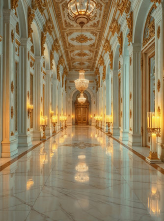 A grand beautiful hallway with ornate architecture, featuring high ceilings, intricate moldings, and elegant chandeliers. Floor is polished marble, reflecting lightの素材