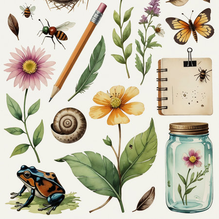 A collection of botanical illustrations featuring mushrooms, insects, flowers, frog and leaves. Includes a notebook, a jar, and various natural elementsの素材