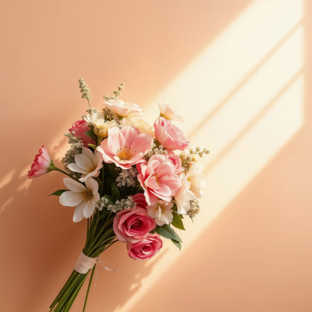 A bouquet of pink and white flowers arranged neatly against a peach-colored wall. Soft shadows create a warm atmosphereの素材