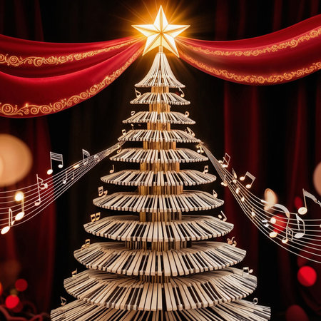 A decorated Christmas tree with a star on top, surrounded by musical notes and soft bokeh lights. Background features red curtainsの素材