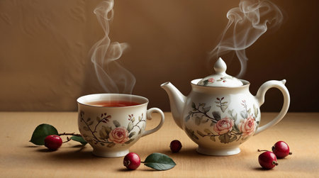 A floral teapot and cup with steaming tea sit on a wooden surface. Red berries and green leaves accompany the scene, creating a cozy atmosphereの素材