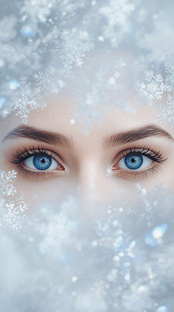 Close-up of a young Caucasian woman with blue eyes, partially obscured by snowflakes. Scene conveys a winter theme with a soft, frosty backgroundの素材