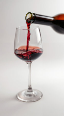 Red wine being poured into a clear glass. Liquid is rich and dark, creating a contrast against white backgroundの素材