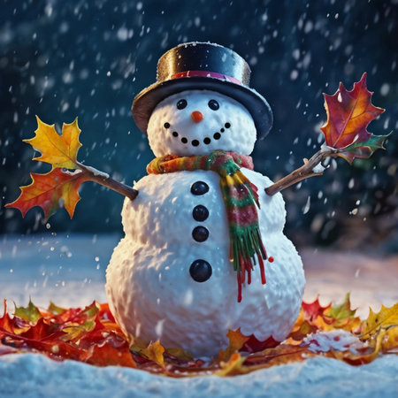 A cheerful snowman stands in a snowy landscape. It wears a black hat and a colorful scarf, surrounded by fallen autumn leaves. Snowflakes gently fall around itの素材