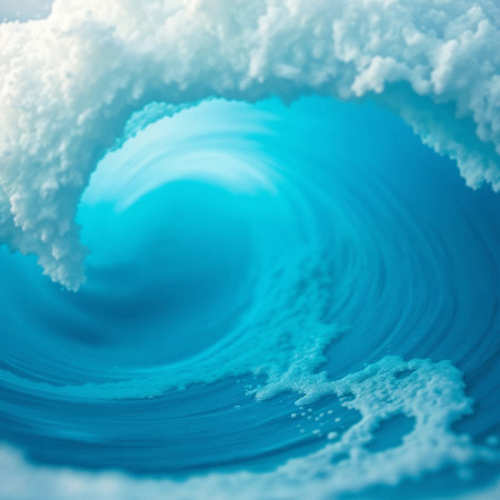 A close-up view of a vibrant blue ocean wave curling with white foam. Scene captures the dynamic movement of water and beauty of natureの素材
