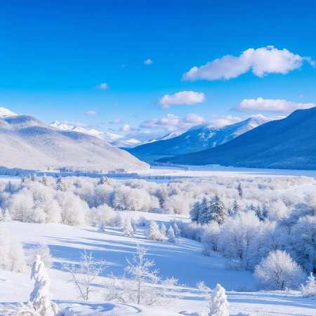 Snow-covered beautiful mountains and trees under a clear blue sky. A serene winter landscape with a valley and distant peaksの素材