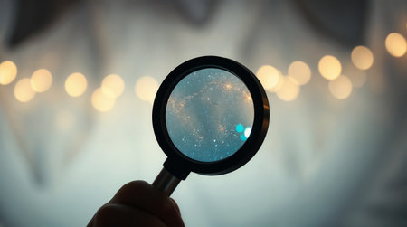 A hand holds a magnifying glass focusing on a blurred background with soft glowing lights. Scene conveys a sense of curiosity and explorationの素材