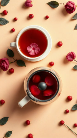 Two cups of tea on a peach background. One cup contains red tea with a flower, other has a tea infuser. Surrounded by rose petals and berriesの素材