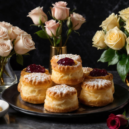 A collection of assorted fragrant pastries on silver trays. Pastries are topped with fruit and cream. A vase of roses is in backgroundの素材