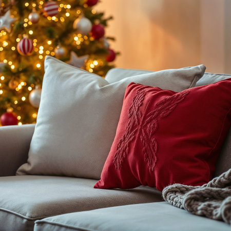 Cozy living room with a gray sofa, red and gray pillows, a knitted blanket, and a decorated Christmas tree in background with warm lightsの素材