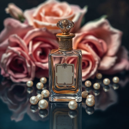 A luxurious perfume bottle sits among pink roses and scattered pearls. Elegant design of bottle complements floral arrangementの素材
