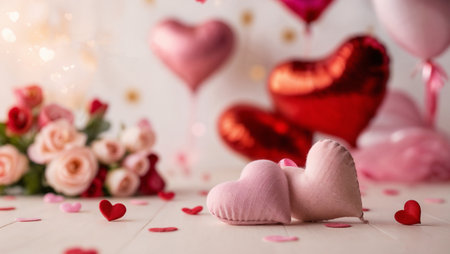 Decorative hearts and roses for Valentine's Day celebration. Pink and red hearts with rose bouquet and confetti on a light backgroundの素材