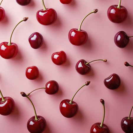 A flat lay of ripe red cherries on a pink background. Cherries vary in size and shine, showcasing their vibrant color and smooth textureの素材
