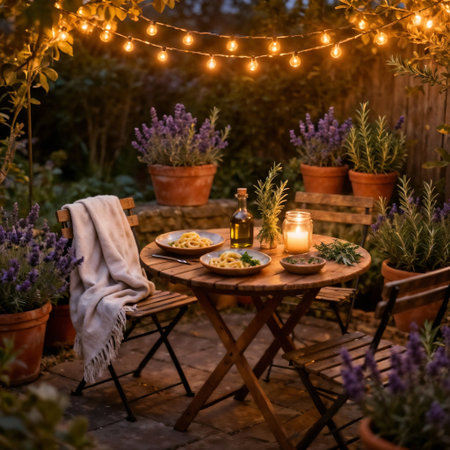 A cozy outdoor dining setup with a wooden table, two chairs, and plates of pasta. Surrounded by potted lavender plants and string lights creating a warm ambianceの素材