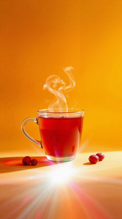 A steaming cup of red tea sits on a bright yellow background. Cup is glass with a handle, and there are a few red berries nearbyの素材