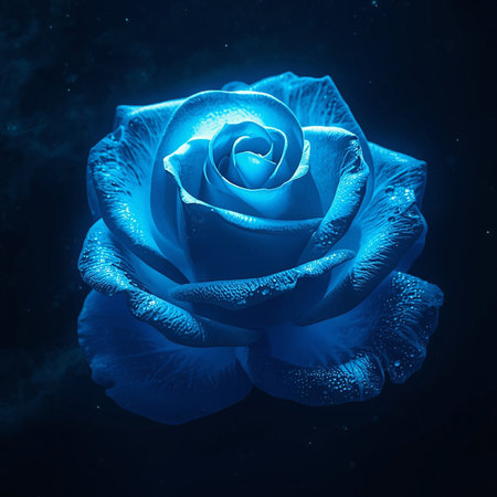 A close-up single blue rose with velvety petals against a dark blue background. Rose is illuminated, highlighting its unique color and delicate structureの素材