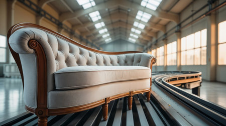 A vintage tufted sofa with wooden accents is positioned on a curved track in a spacious industrial room with large windows and natural lightの素材