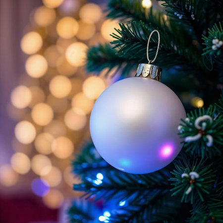 A close-up of a white Christmas ornament hanging on a green pine tree. Soft bokeh lights create a festive background, enhancing holiday atmosphereの素材