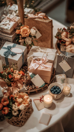 A beautifully arranged table with various gift boxes and bags in different colors. A floral centerpiece adds elegance to the sceneの素材